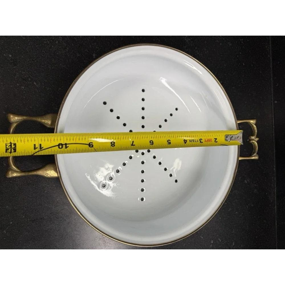 Vintage Bon Chef White Enamel Steamer Pan w Lid Brass Handles Buffet Ware
